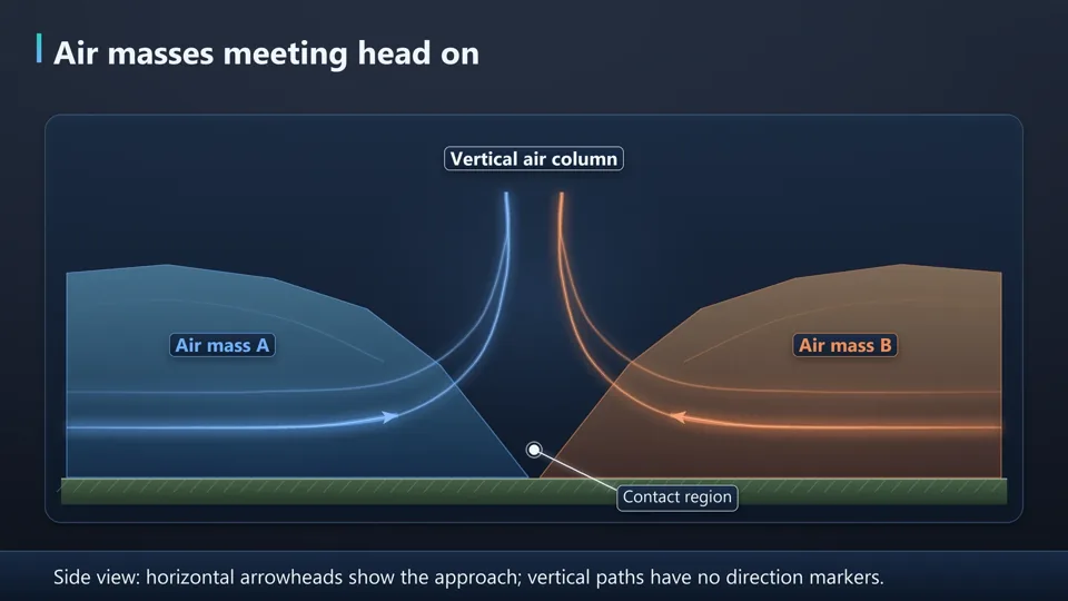 Two air masses meeting head on with a vertical air column at the contact region